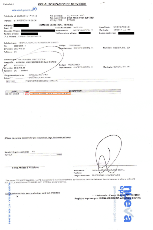 Autorización de sólo diez terapias para mi mami con alzheimer